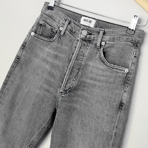 AGOLDE‎ Nico High Waist Rise Slim Jeans Risk Grey Stone Wash 25 Raw Hem $198 - Picture 12 of 16